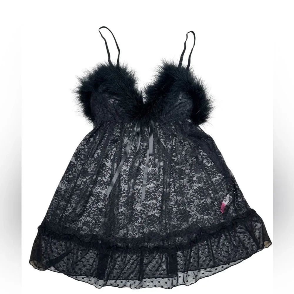 Betsey Johnson Black Marabou Feather Lace Babydoll Lingerie Chemise Size Small
